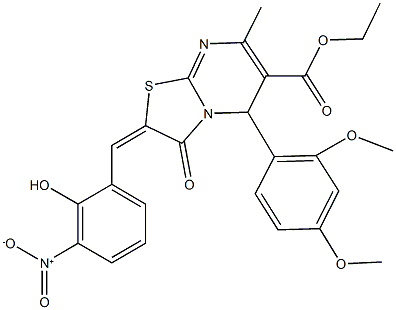 ethyl 5-(2,4-dimethoxyphenyl)-2-{2-hydroxy-3-nitrobenzylidene}-7-methyl-3-oxo-2,3-dihydro-5H-[1,3]thiazolo[3,2-a]pyrimidine-6-carboxylate Struktur