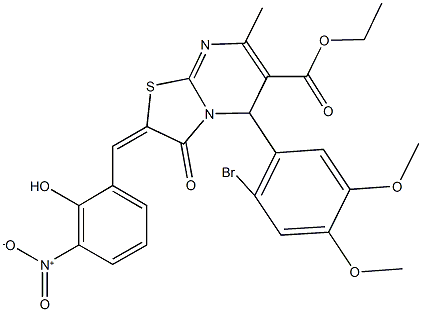 ethyl 5-(2-bromo-4,5-dimethoxyphenyl)-2-{2-hydroxy-3-nitrobenzylidene}-7-methyl-3-oxo-2,3-dihydro-5H-[1,3]thiazolo[3,2-a]pyrimidine-6-carboxylate Struktur