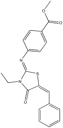 methyl 4-[(5-benzylidene-3-ethyl-4-oxo-1,3-thiazolidin-2-ylidene)amino]benzoate Struktur