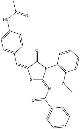 N-[5-[4-(acetylamino)benzylidene]-3-(2-methoxyphenyl)-4-oxo-1,3-thiazolidin-2-ylidene]benzamide Struktur