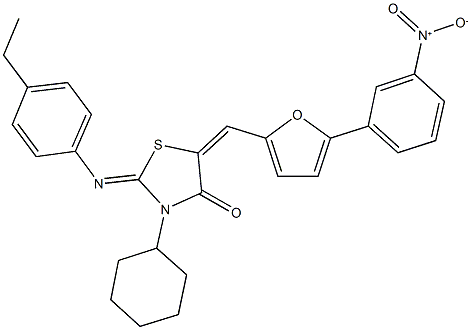 3-cyclohexyl-2-[(4-ethylphenyl)imino]-5-[(5-{3-nitrophenyl}-2-furyl)methylene]-1,3-thiazolidin-4-one Struktur