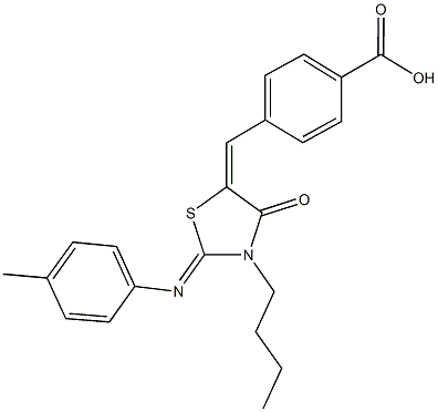 4-({3-butyl-2-[(4-methylphenyl)imino]-4-oxo-1,3-thiazolidin-5-ylidene}methyl)benzoic acid Struktur