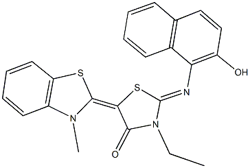 3-ethyl-2-[(2-hydroxy-1-naphthyl)imino]-5-(3-methyl-1,3-benzothiazol-2(3H)-ylidene)-1,3-thiazolidin-4-one Struktur