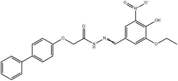 2-([1,1'-biphenyl]-4-yloxy)-N'-{3-ethoxy-4-hydroxy-5-nitrobenzylidene}acetohydrazide Struktur