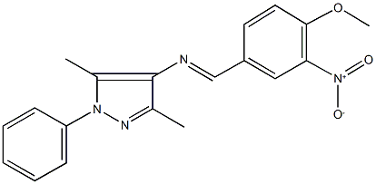 4-({3-nitro-4-methoxybenzylidene}amino)-3,5-dimethyl-1-phenyl-1H-pyrazole Struktur