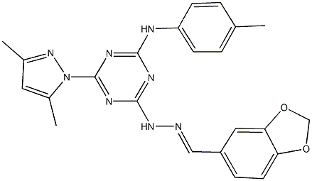 1,3-benzodioxole-5-carbaldehyde [4-(3,5-dimethyl-1H-pyrazol-1-yl)-6-(4-toluidino)-1,3,5-triazin-2-yl]hydrazone Struktur