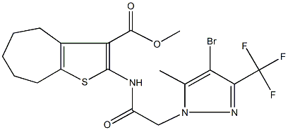 methyl 2-({[4-bromo-5-methyl-3-(trifluoromethyl)-1H-pyrazol-1-yl]acetyl}amino)-5,6,7,8-tetrahydro-4H-cyclohepta[b]thiophene-3-carboxylate Struktur