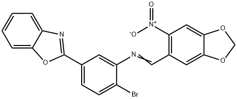 2-{4-bromo-3-[({6-nitro-1,3-benzodioxol-5-yl}methylene)amino]phenyl}-1,3-benzoxazole Struktur