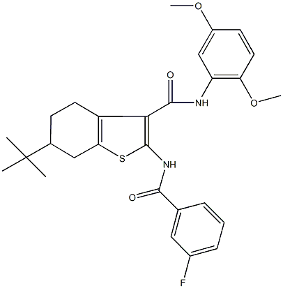 6-tert-butyl-N-(2,5-dimethoxyphenyl)-2-[(3-fluorobenzoyl)amino]-4,5,6,7-tetrahydro-1-benzothiophene-3-carboxamide Struktur