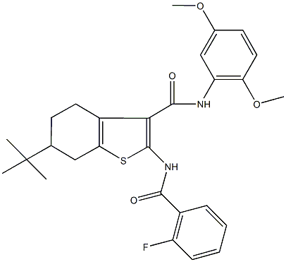 6-tert-butyl-N-(2,5-dimethoxyphenyl)-2-[(2-fluorobenzoyl)amino]-4,5,6,7-tetrahydro-1-benzothiophene-3-carboxamide Struktur