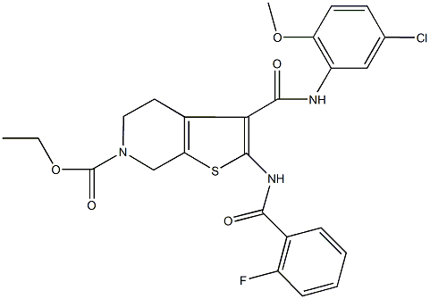 ethyl 3-[(5-chloro-2-methoxyanilino)carbonyl]-2-[(2-fluorobenzoyl)amino]-4,7-dihydrothieno[2,3-c]pyridine-6(5H)-carboxylate Struktur