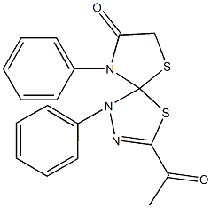 3-acetyl-1,9-diphenyl-4,6-dithia-1,2,9-triazaspiro[4.4]non-2-en-8-one Struktur