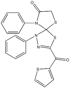 1,9-diphenyl-3-(2-thienylcarbonyl)-4,6-dithia-1,2,9-triazaspiro[4.4]non-2-en-8-one Struktur