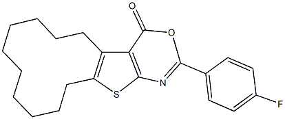 2-(4-fluorophenyl)-5,6,7,8,9,10,11,12,13,14-decahydro-4H-cyclododeca[4,5]thieno[2,3-d][1,3]oxazin-4-one Struktur