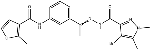 N-(3-{N-[(4-bromo-1,5-dimethyl-1H-pyrazol-3-yl)carbonyl]ethanehydrazonoyl}phenyl)-2-methyl-3-furamide Struktur