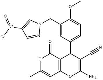 2-amino-4-[3-({4-nitro-1H-pyrazol-1-yl}methyl)-4-methoxyphenyl]-7-methyl-5-oxo-4H,5H-pyrano[4,3-b]pyran-3-carbonitrile Struktur