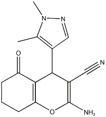 2-amino-4-(1,5-dimethyl-1H-pyrazol-4-yl)-5-oxo-5,6,7,8-tetrahydro-4H-chromene-3-carbonitrile Struktur