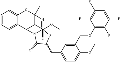 methyl (13Z)-13-{4-methoxy-3-[(2,3,5,6-tetrafluorophenoxy)methyl]benzylidene}-9-methyl-14-oxo-8-oxa-12-thia-10,15-diazatetracyclo[7.6.1.0~2,7~.0~11,15~]hexadeca-2,4,6,10-tetraene-16-carboxylate Struktur