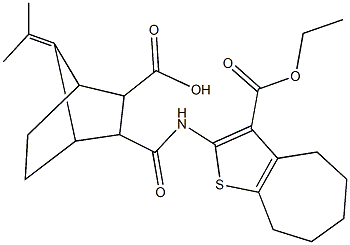 3-({[3-(ethoxycarbonyl)-5,6,7,8-tetrahydro-4H-cyclohepta[b]thien-2-yl]amino}carbonyl)-7-(1-methylethylidene)bicyclo[2.2.1]heptane-2-carboxylic acid Struktur