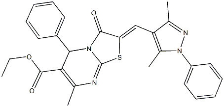 ethyl 2-[(3,5-dimethyl-1-phenyl-1H-pyrazol-4-yl)methylene]-7-methyl-3-oxo-5-phenyl-2,3-dihydro-5H-[1,3]thiazolo[3,2-a]pyrimidine-6-carboxylate Struktur