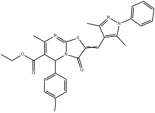 ethyl 2-[(3,5-dimethyl-1-phenyl-1H-pyrazol-4-yl)methylene]-5-(4-fluorophenyl)-7-methyl-3-oxo-2,3-dihydro-5H-[1,3]thiazolo[3,2-a]pyrimidine-6-carboxylate Struktur