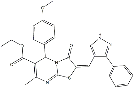 ethyl 5-(4-methoxyphenyl)-7-methyl-3-oxo-2-[(3-phenyl-1H-pyrazol-4-yl)methylene]-2,3-dihydro-5H-[1,3]thiazolo[3,2-a]pyrimidine-6-carboxylate Struktur