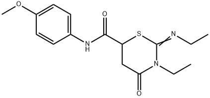 3-ethyl-2-(ethylimino)-N-(4-methoxyphenyl)-4-oxo-1,3-thiazinane-6-carboxamide Struktur