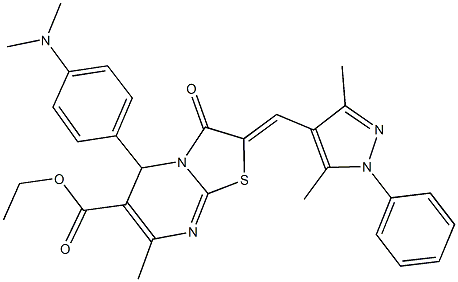 ethyl 5-[4-(dimethylamino)phenyl]-2-[(3,5-dimethyl-1-phenyl-1H-pyrazol-4-yl)methylene]-7-methyl-3-oxo-2,3-dihydro-5H-[1,3]thiazolo[3,2-a]pyrimidine-6-carboxylate Struktur