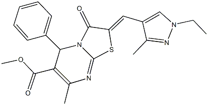 methyl 2-[(1-ethyl-3-methyl-1H-pyrazol-4-yl)methylene]-7-methyl-3-oxo-5-phenyl-2,3-dihydro-5H-[1,3]thiazolo[3,2-a]pyrimidine-6-carboxylate Struktur