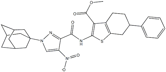 methyl 2-[({1-(1-adamantyl)-4-nitro-1H-pyrazol-3-yl}carbonyl)amino]-6-phenyl-4,5,6,7-tetrahydro-1-benzothiophene-3-carboxylate Struktur