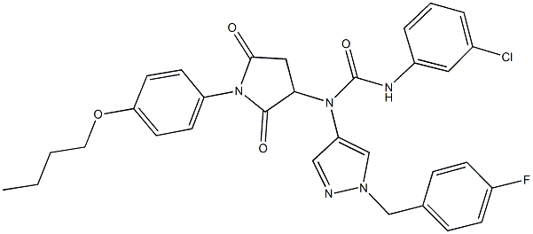 N-[1-(4-butoxyphenyl)-2,5-dioxo-3-pyrrolidinyl]-N'-(3-chlorophenyl)-N-[1-(4-fluorobenzyl)-1H-pyrazol-4-yl]urea Struktur