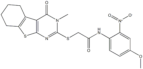 N-[2-nitro-4-(methyloxy)phenyl]-2-[(3-methyl-4-oxo-3,4,5,6,7,8-hexahydro[1]benzothieno[2,3-d]pyrimidin-2-yl)sulfanyl]acetamide Struktur