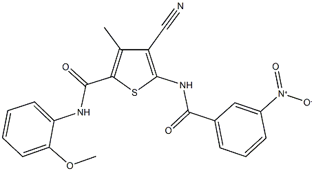 4-cyano-5-[({3-nitrophenyl}carbonyl)amino]-3-methyl-N-[2-(methyloxy)phenyl]thiophene-2-carboxamide Struktur