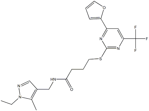 N-[(1-ethyl-5-methyl-1H-pyrazol-4-yl)methyl]-4-{[4-(2-furyl)-6-(trifluoromethyl)-2-pyrimidinyl]sulfanyl}butanamide Struktur