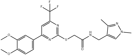 2-{[4-(3,4-dimethoxyphenyl)-6-(trifluoromethyl)-2-pyrimidinyl]sulfanyl}-N-[(1,3-dimethyl-1H-pyrazol-4-yl)methyl]acetamide Struktur