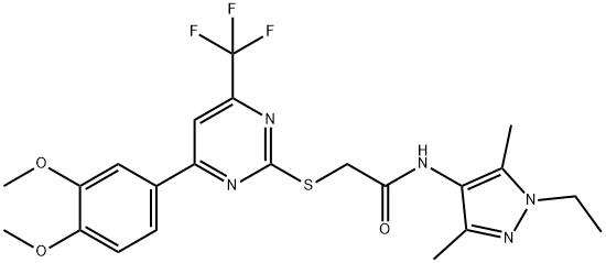 2-{[4-(3,4-dimethoxyphenyl)-6-(trifluoromethyl)-2-pyrimidinyl]sulfanyl}-N-(1-ethyl-3,5-dimethyl-1H-pyrazol-4-yl)acetamide Struktur