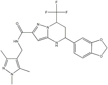 5-(1,3-benzodioxol-5-yl)-7-(trifluoromethyl)-N-[(1,3,5-trimethyl-1H-pyrazol-4-yl)methyl]-4,5,6,7-tetrahydropyrazolo[1,5-a]pyrimidine-2-carboxamide Struktur