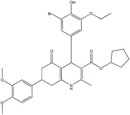 cyclopentyl 4-(3-bromo-5-ethoxy-4-hydroxyphenyl)-7-(3,4-dimethoxyphenyl)-2-methyl-5-oxo-1,4,5,6,7,8-hexahydro-3-quinolinecarboxylate Struktur