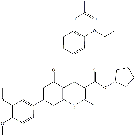 cyclopentyl 4-[4-(acetyloxy)-3-ethoxyphenyl]-7-(3,4-dimethoxyphenyl)-2-methyl-5-oxo-1,4,5,6,7,8-hexahydro-3-quinolinecarboxylate Struktur