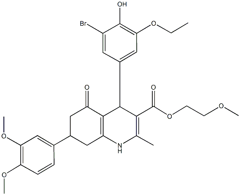 2-methoxyethyl 4-(3-bromo-5-ethoxy-4-hydroxyphenyl)-7-(3,4-dimethoxyphenyl)-2-methyl-5-oxo-1,4,5,6,7,8-hexahydro-3-quinolinecarboxylate Struktur