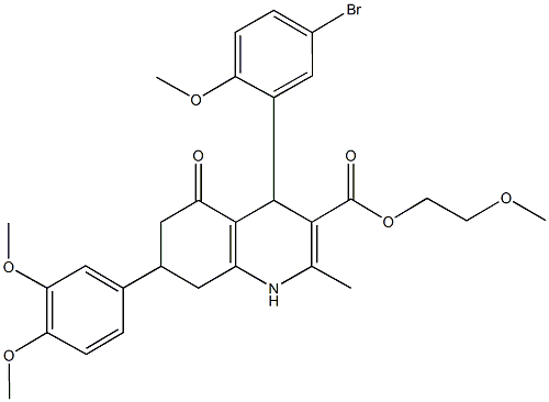 2-methoxyethyl 4-(5-bromo-2-methoxyphenyl)-7-(3,4-dimethoxyphenyl)-2-methyl-5-oxo-1,4,5,6,7,8-hexahydro-3-quinolinecarboxylate Struktur