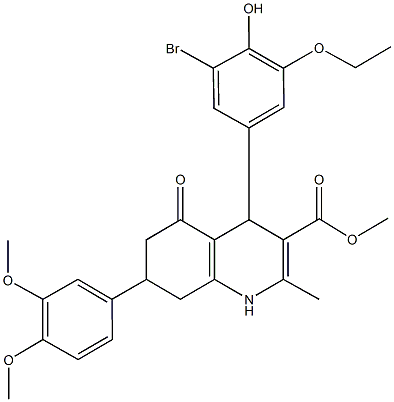 methyl 4-(3-bromo-5-ethoxy-4-hydroxyphenyl)-7-(3,4-dimethoxyphenyl)-2-methyl-5-oxo-1,4,5,6,7,8-hexahydro-3-quinolinecarboxylate Struktur