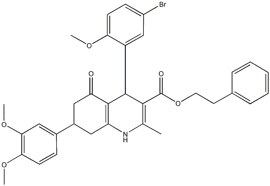 2-phenylethyl 4-(5-bromo-2-methoxyphenyl)-7-(3,4-dimethoxyphenyl)-2-methyl-5-oxo-1,4,5,6,7,8-hexahydro-3-quinolinecarboxylate Struktur