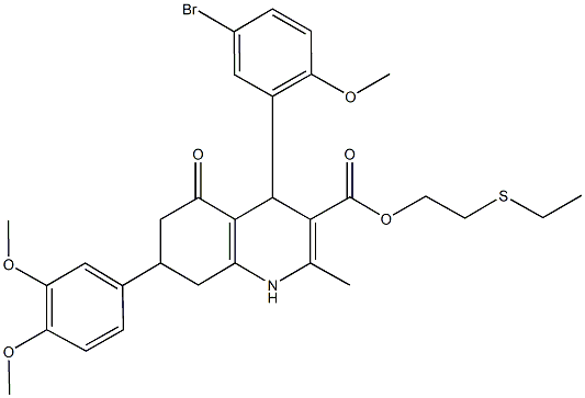 2-(ethylsulfanyl)ethyl 4-(5-bromo-2-methoxyphenyl)-7-(3,4-dimethoxyphenyl)-2-methyl-5-oxo-1,4,5,6,7,8-hexahydro-3-quinolinecarboxylate Struktur