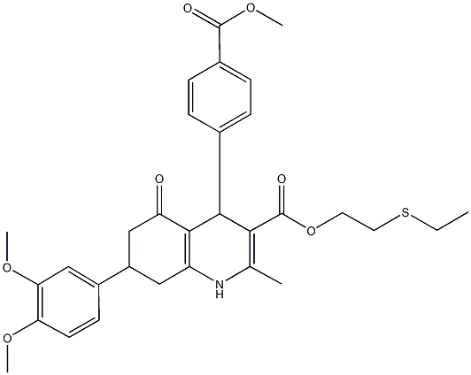 2-(ethylsulfanyl)ethyl 7-(3,4-dimethoxyphenyl)-4-[4-(methoxycarbonyl)phenyl]-2-methyl-5-oxo-1,4,5,6,7,8-hexahydro-3-quinolinecarboxylate Struktur