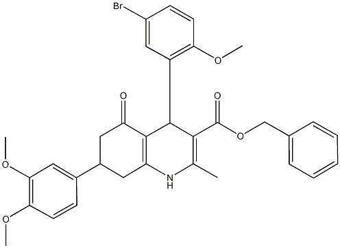 benzyl 4-(5-bromo-2-methoxyphenyl)-7-(3,4-dimethoxyphenyl)-2-methyl-5-oxo-1,4,5,6,7,8-hexahydro-3-quinolinecarboxylate Struktur