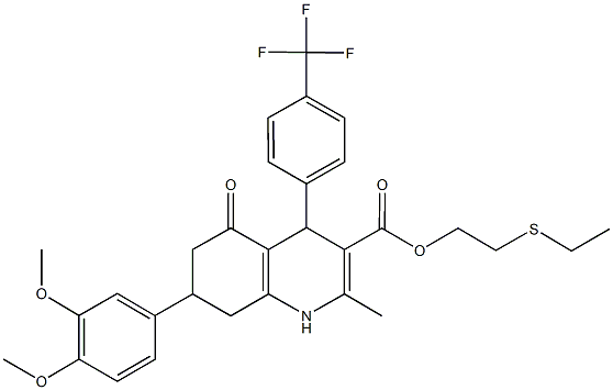 2-(ethylsulfanyl)ethyl 7-(3,4-dimethoxyphenyl)-2-methyl-5-oxo-4-[4-(trifluoromethyl)phenyl]-1,4,5,6,7,8-hexahydro-3-quinolinecarboxylate Struktur