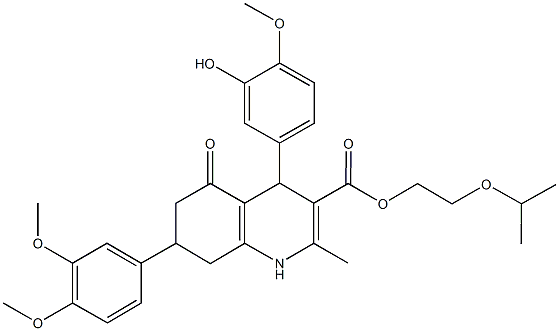 2-isopropoxyethyl 7-(3,4-dimethoxyphenyl)-4-(3-hydroxy-4-methoxyphenyl)-2-methyl-5-oxo-1,4,5,6,7,8-hexahydro-3-quinolinecarboxylate Struktur