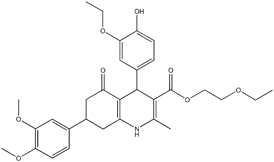 2-ethoxyethyl 7-(3,4-dimethoxyphenyl)-4-(3-ethoxy-4-hydroxyphenyl)-2-methyl-5-oxo-1,4,5,6,7,8-hexahydro-3-quinolinecarboxylate Struktur