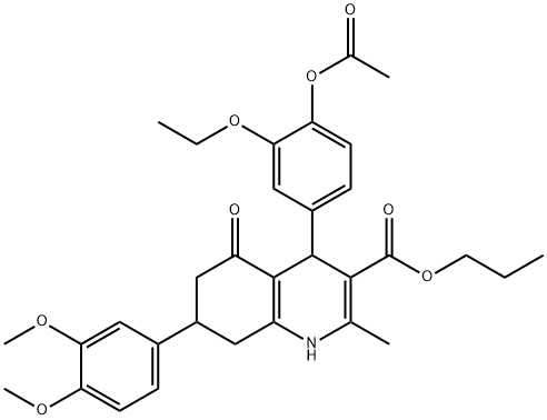 propyl 4-[4-(acetyloxy)-3-ethoxyphenyl]-7-(3,4-dimethoxyphenyl)-2-methyl-5-oxo-1,4,5,6,7,8-hexahydro-3-quinolinecarboxylate Struktur